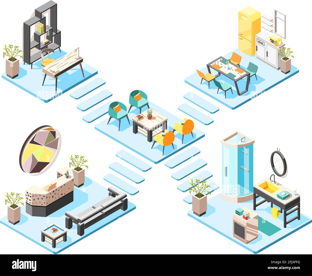 Ostello isometric design set con elementi e mobili di hall reception bagno isometrico interni illustrazione vettoriale Illustrazione Vettoriale