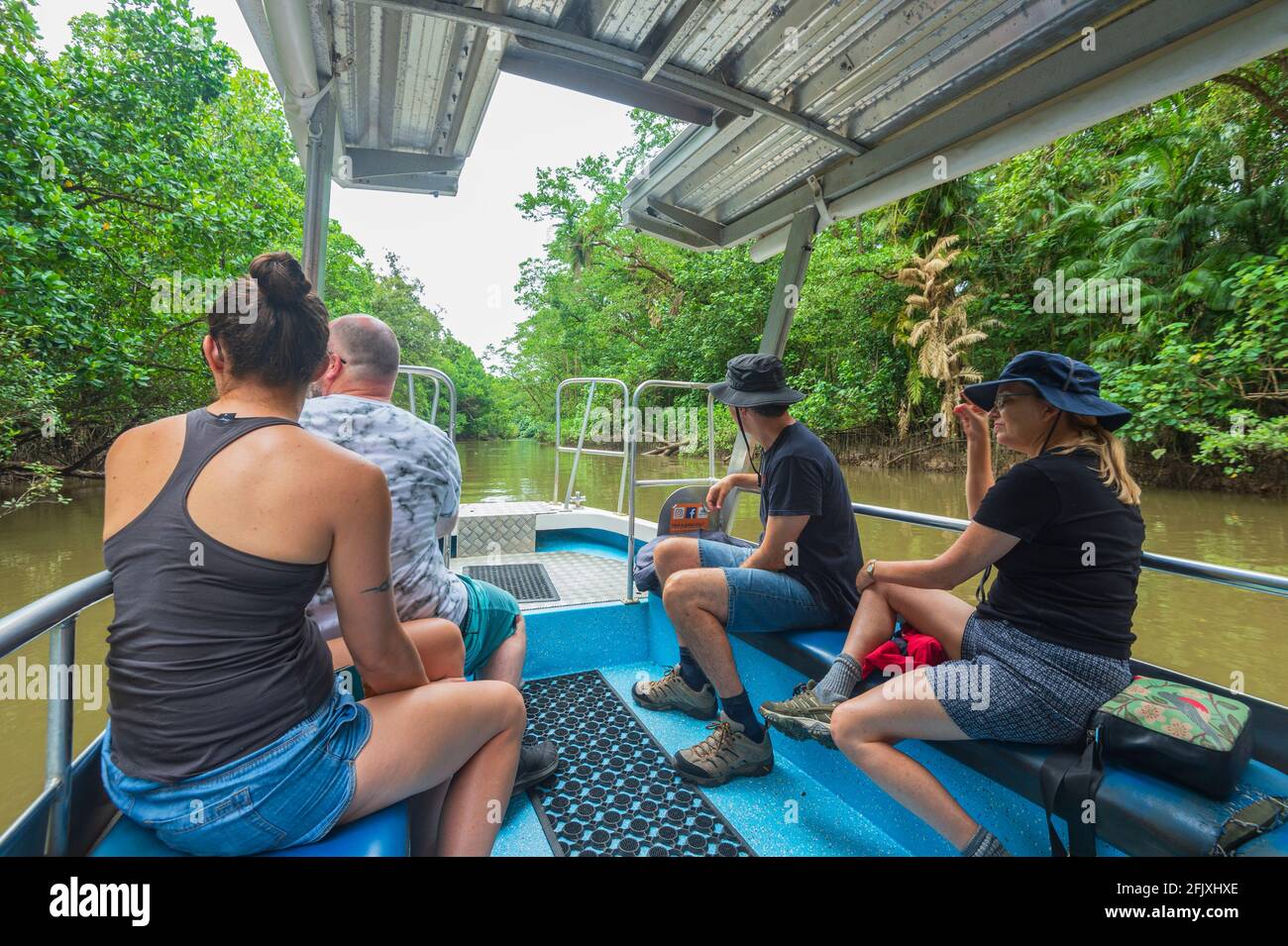 I turisti seduti su una barca in un tour di avvistamento di coccodrilli e fauna selvatica, Daintree River, Daintree National Park, far North Queensland, FNQ, QLD, Australi Foto Stock