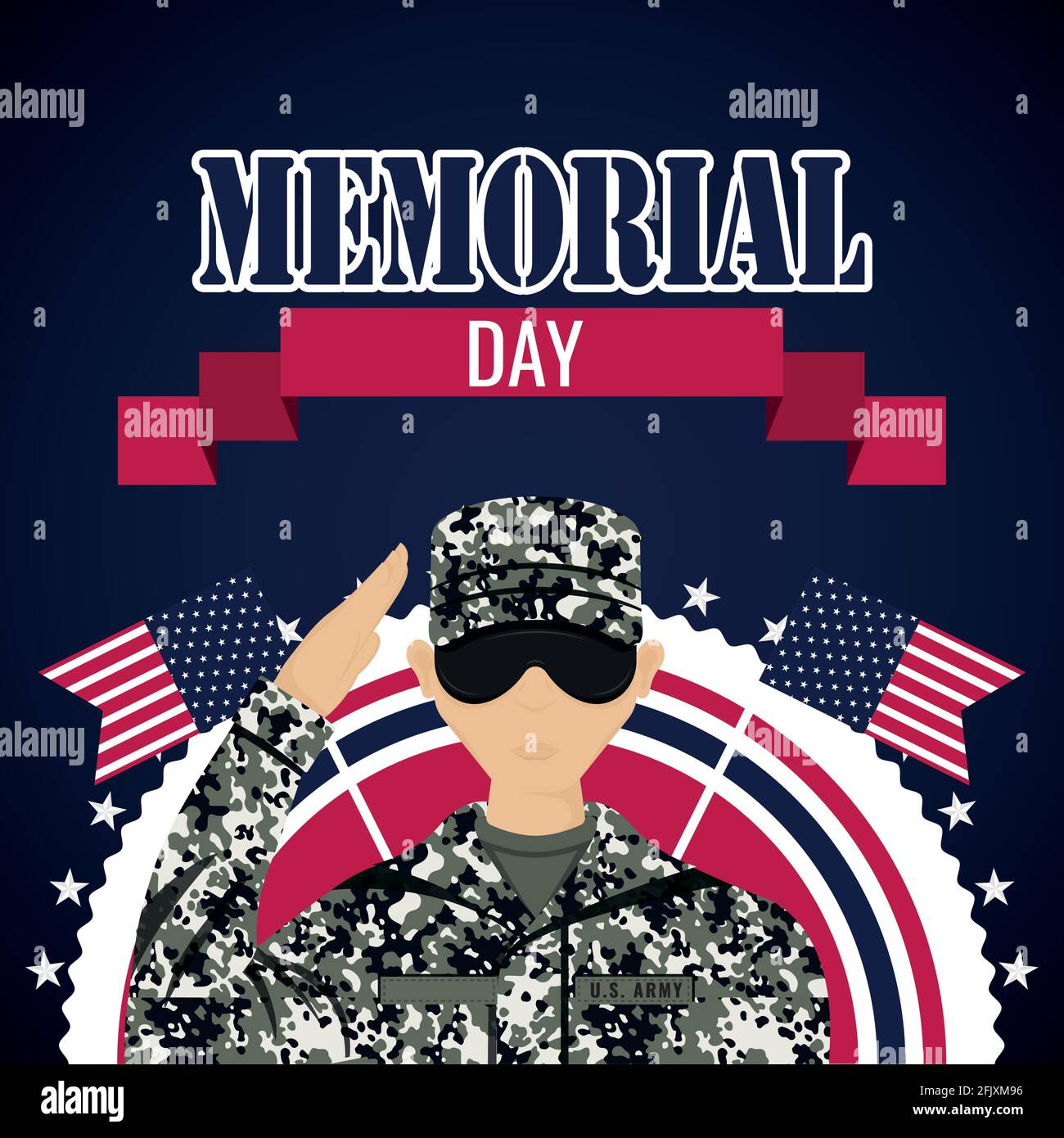 L'uomo dell'esercito AMERICANO con bandiere degli Stati Uniti. Poster del Memorial Day - illustrazione vettoriale Illustrazione Vettoriale