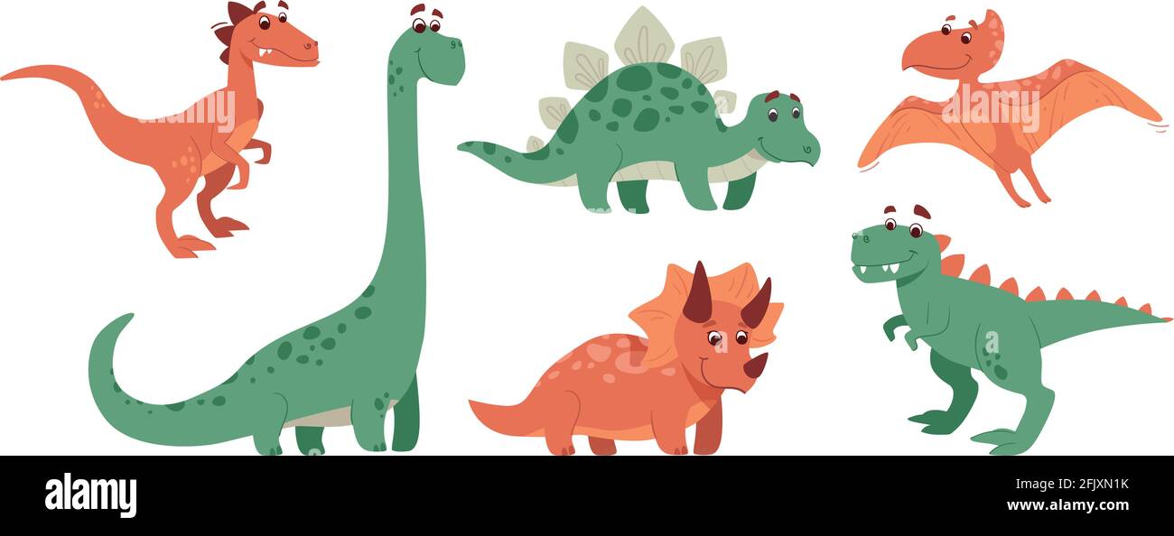 Set divertente di dinosauri. Stegosaurus, triceratops, brachiosaurus, brontosaurus, velociraptor, pteranodon, tirannosauro rex. I dinos sorridono allegro. Raccolta di animali preistorici. Vettore Illustrazione Vettoriale