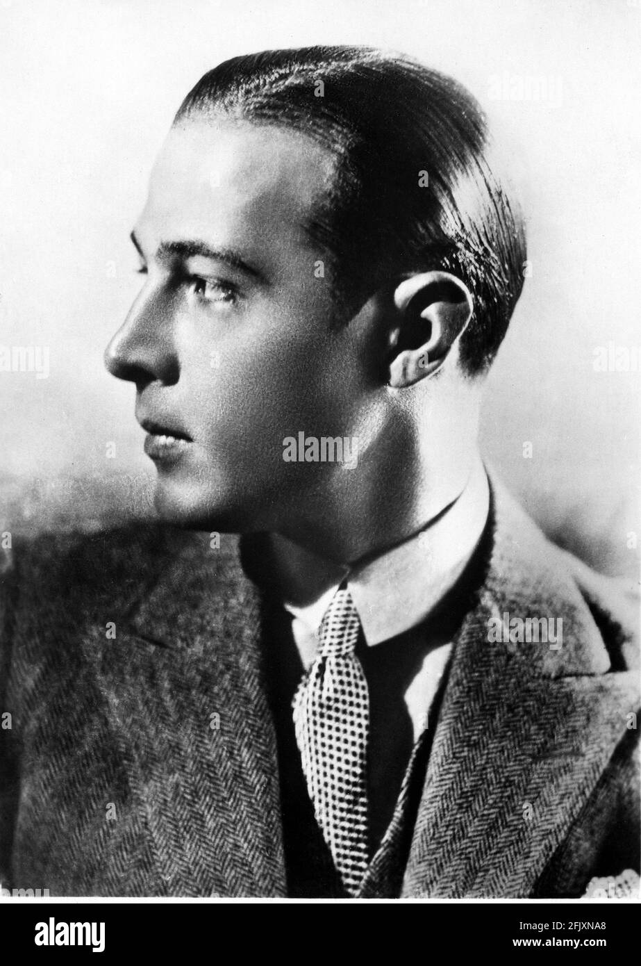 1924 ca, USA : l'attore di film muto RUDOLPH VALENTINO ( nato Rodolfo Guglielmi, 1895 - 1926 ) ancora pubblico. - CINEMA MUTO - RODOLFO VALENTINO - attore cinematografico - LATIN LOVER - italoamericano - italo americano - italo-americano - emigrante - emigrante - italo-americano - ritratto - ritratto - colletto - colletto - guardo magnetico - grasso - brillantina - cravatta - profilo ---- Archivio GBB Foto Stock