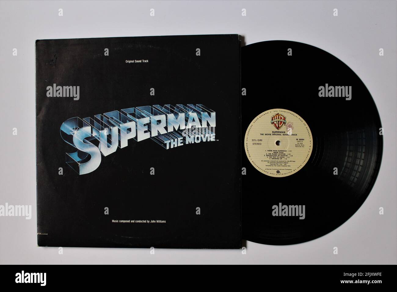 Superman The Movie Original Motion Picture Soundtrack su disco LP con disco in vinile. Warner Brothers Records. Musica di John Williams Foto Stock