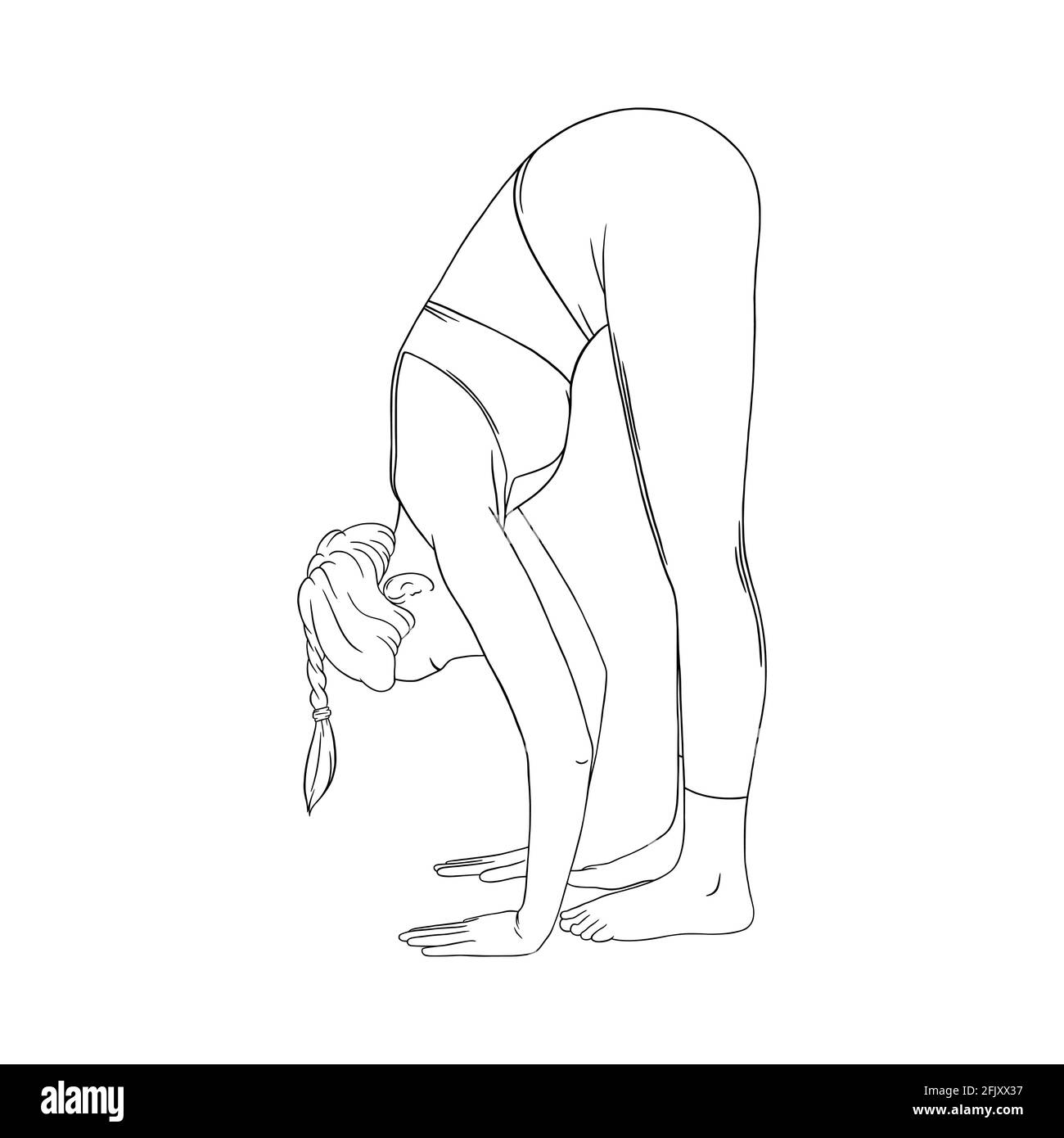 Stretching yogi donna. Hatha yoga avanti piega posa. Illustrazione vettoriale incisa su sfondo bianco Illustrazione Vettoriale