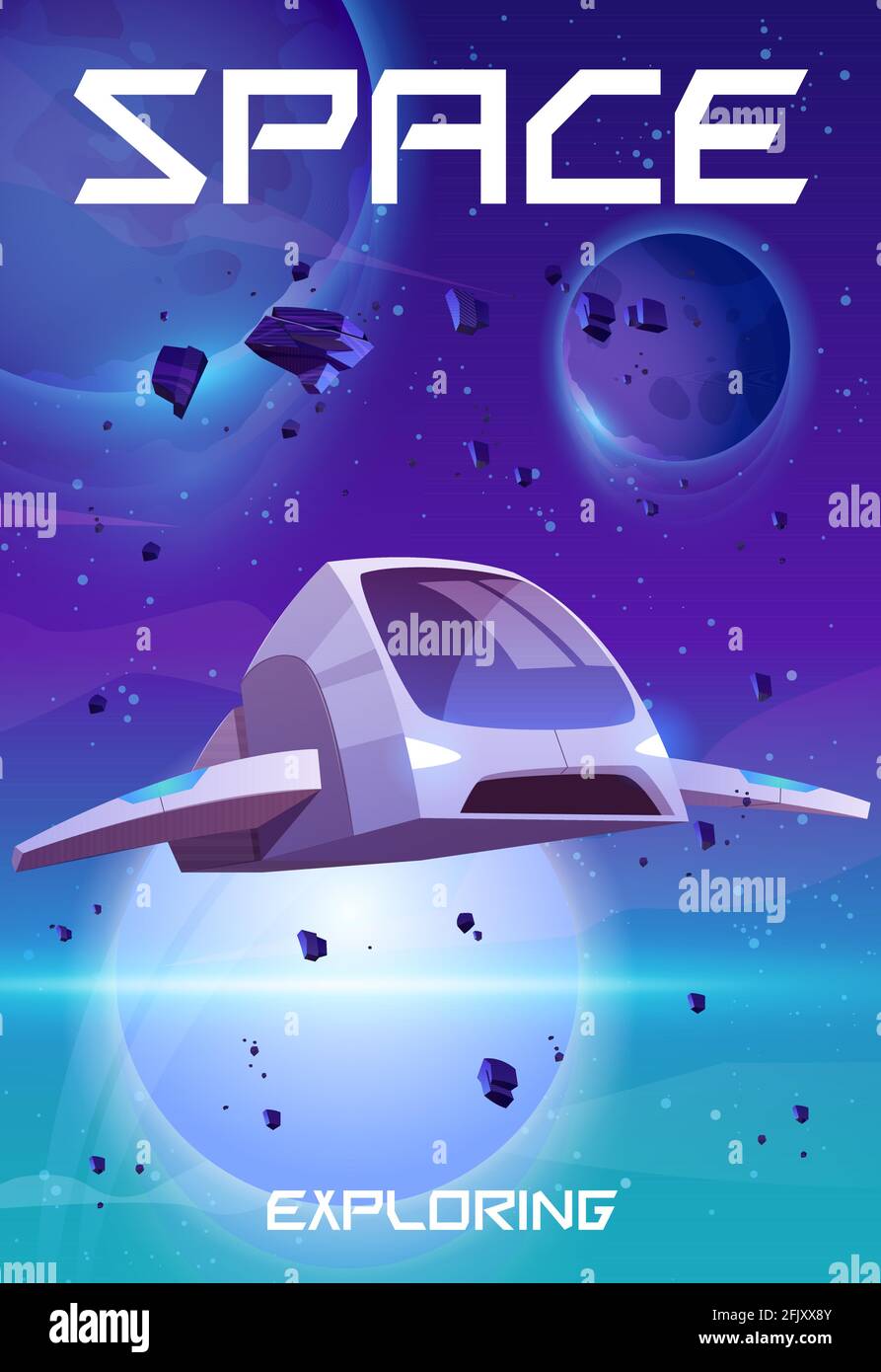 Spazio esplorando cartoni animati. Razzo in galassia esterna con pianeti in cielo stellato, nebulosa e rocce volanti. Ricerca COSMOS, viaggio interstellare nell'universo su navetta futuristica, illustrazione vettoriale Illustrazione Vettoriale