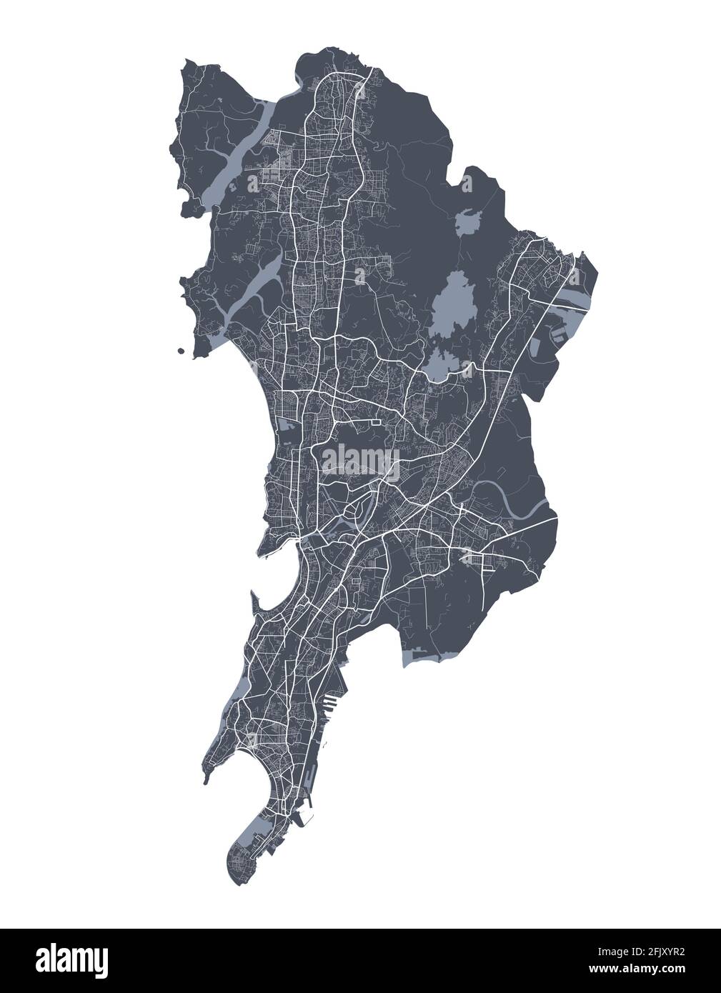 Mappa di Mumbai. Mappa vettoriale dettagliata dell'area amministrativa della città di Mumbai. Poster del paesaggio urbano vista aria metropolitana. Terra buia con strade bianche, strade e un Illustrazione Vettoriale