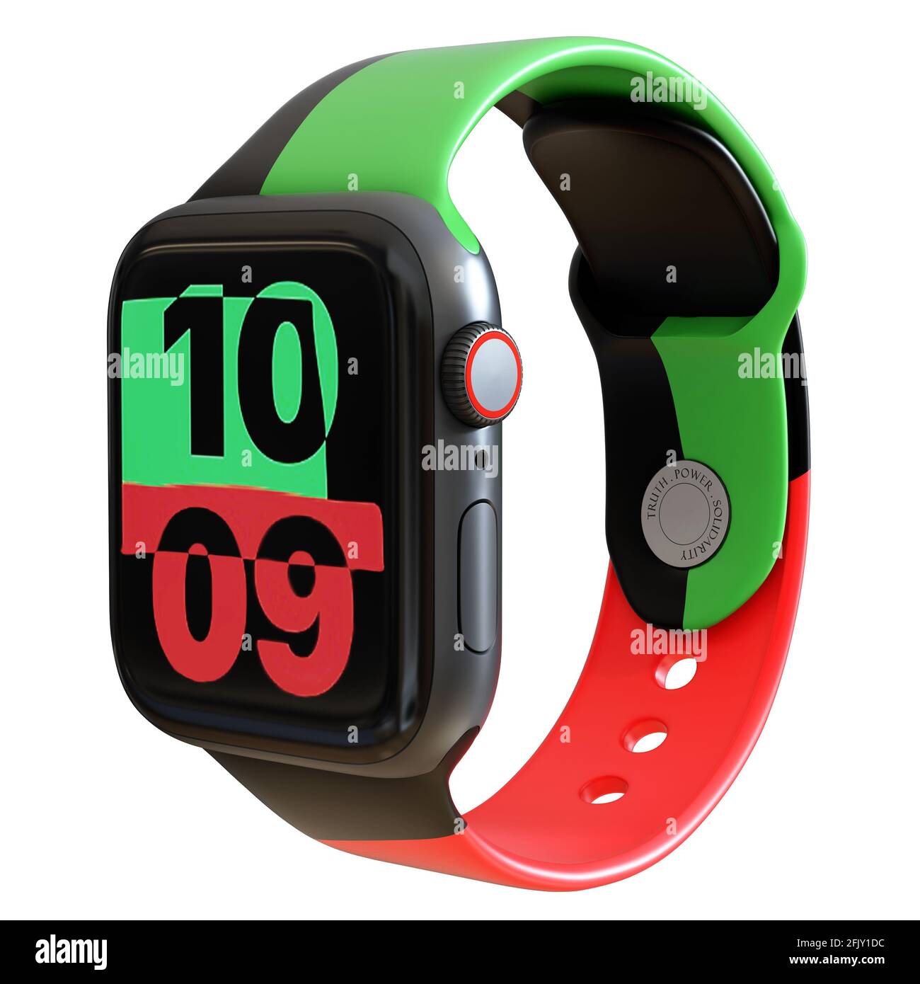 Custodia in alluminio nera da 44 mm per Apple Watch serie 6 sport con fascia sportiva bianca e app di attività sul display. Isolato su sfondo bianco. Foto Stock