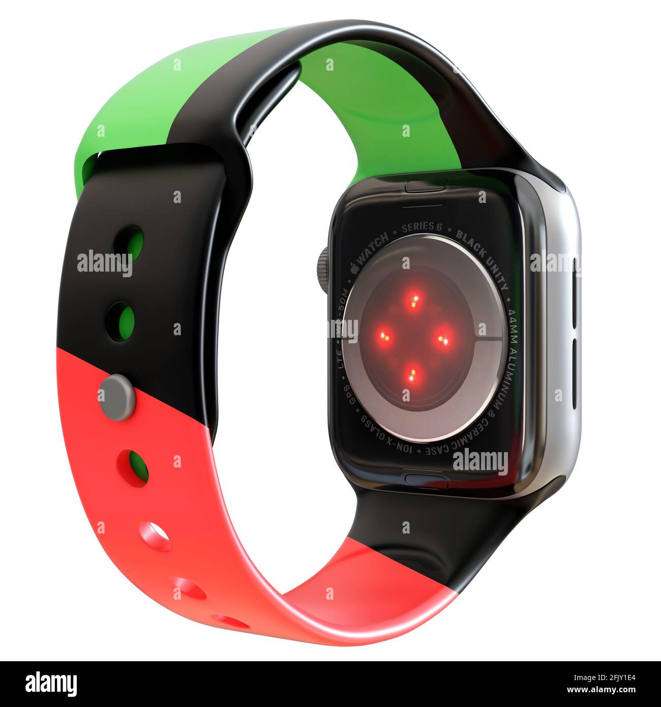 Custodia in alluminio nera da 44 mm per Apple Watch serie 6 sport con fascia sportiva bianca e app di attività sul display. Isolato su sfondo bianco. Foto Stock