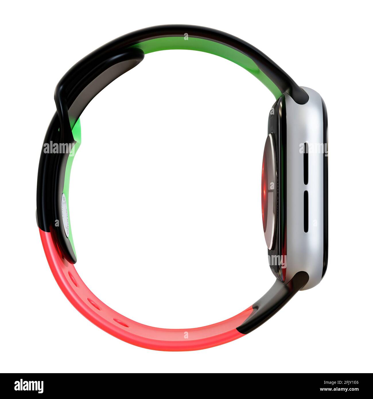 Custodia in alluminio nera da 44 mm per Apple Watch serie 6 sport con fascia sportiva bianca e app di attività sul display. Isolato su sfondo bianco. Foto Stock