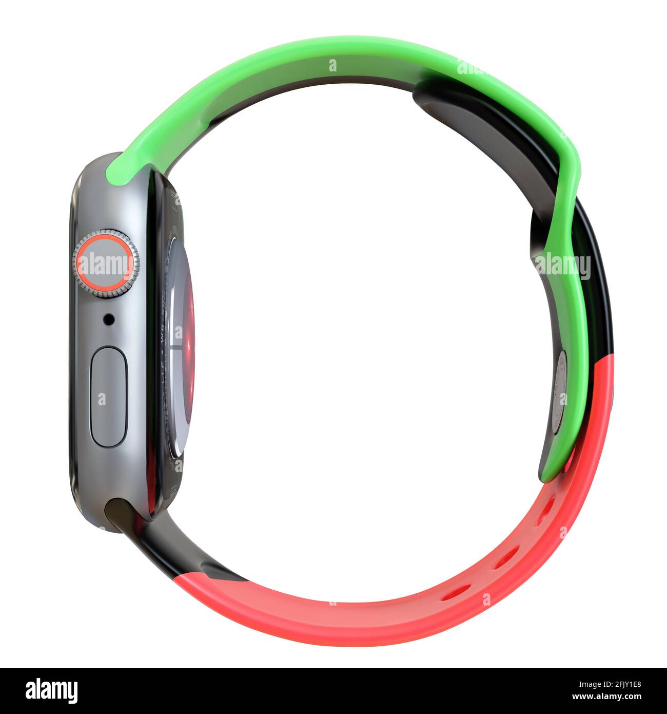 Custodia in alluminio nera da 44 mm per Apple Watch serie 6 sport con fascia sportiva bianca e app di attività sul display. Isolato su sfondo bianco. Foto Stock