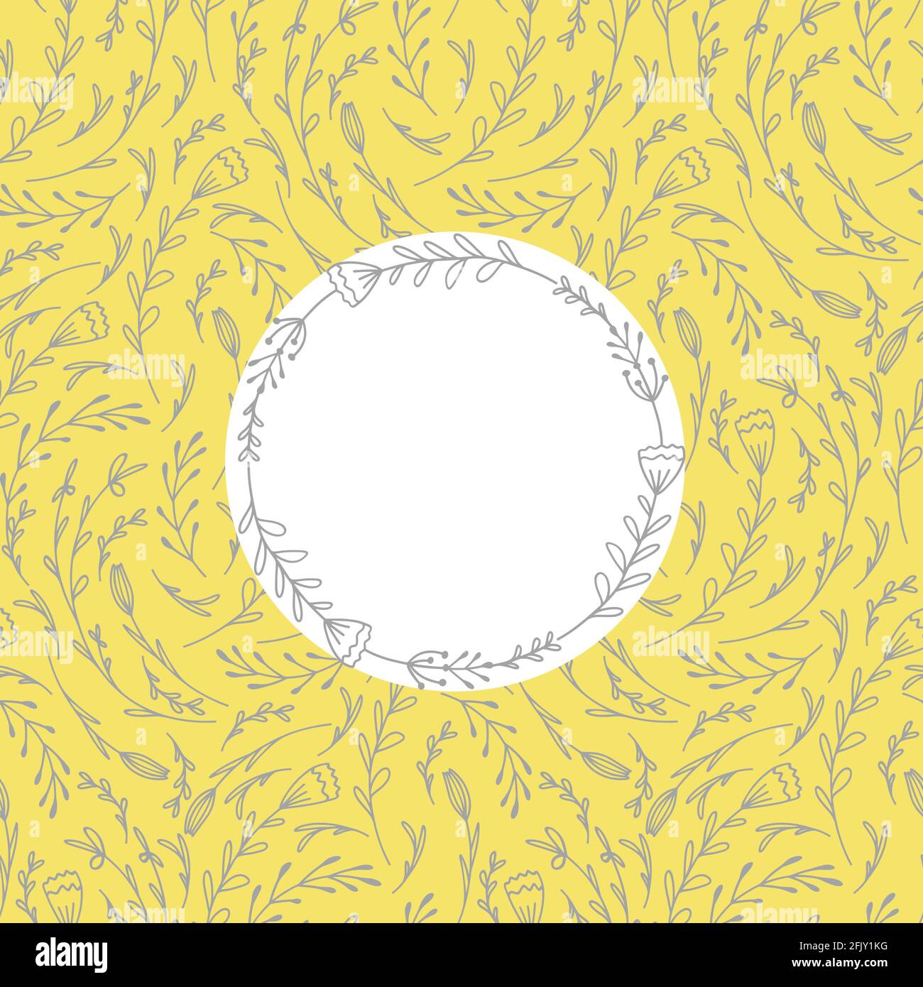 Cartoncino quadrato con motivo estivo luminoso con fiori di doodle su sfondo giallo e spazio di copia cerchio bianco. Modello vettoriale con ricci rustici di erba Illustrazione Vettoriale