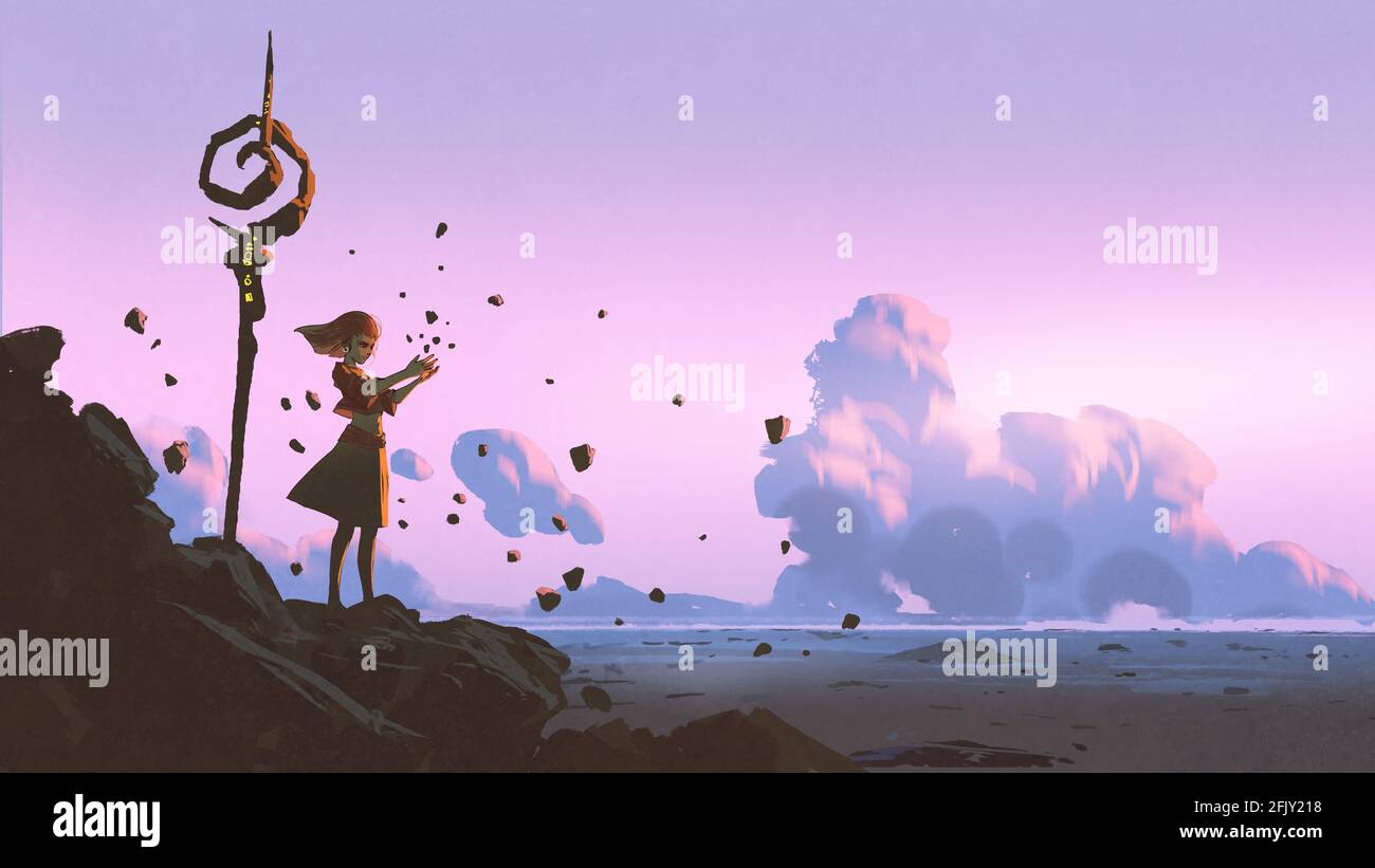 witch girl gettò incantesimi con potere magico, stile d'arte digitale, pittura d'illustrazione Foto Stock