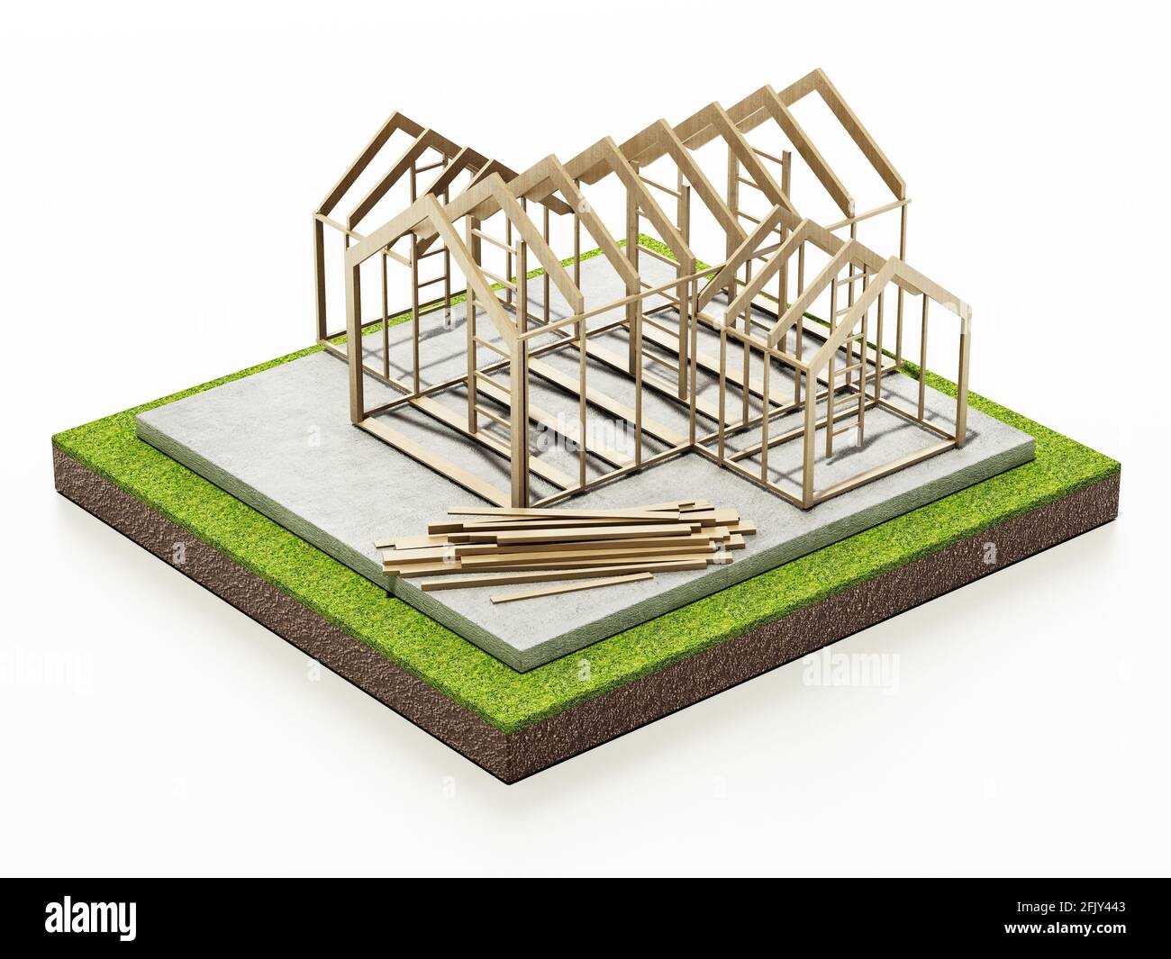 Struttura di case di legno su base di calcestruzzo. Illustrazione 3D. Foto Stock