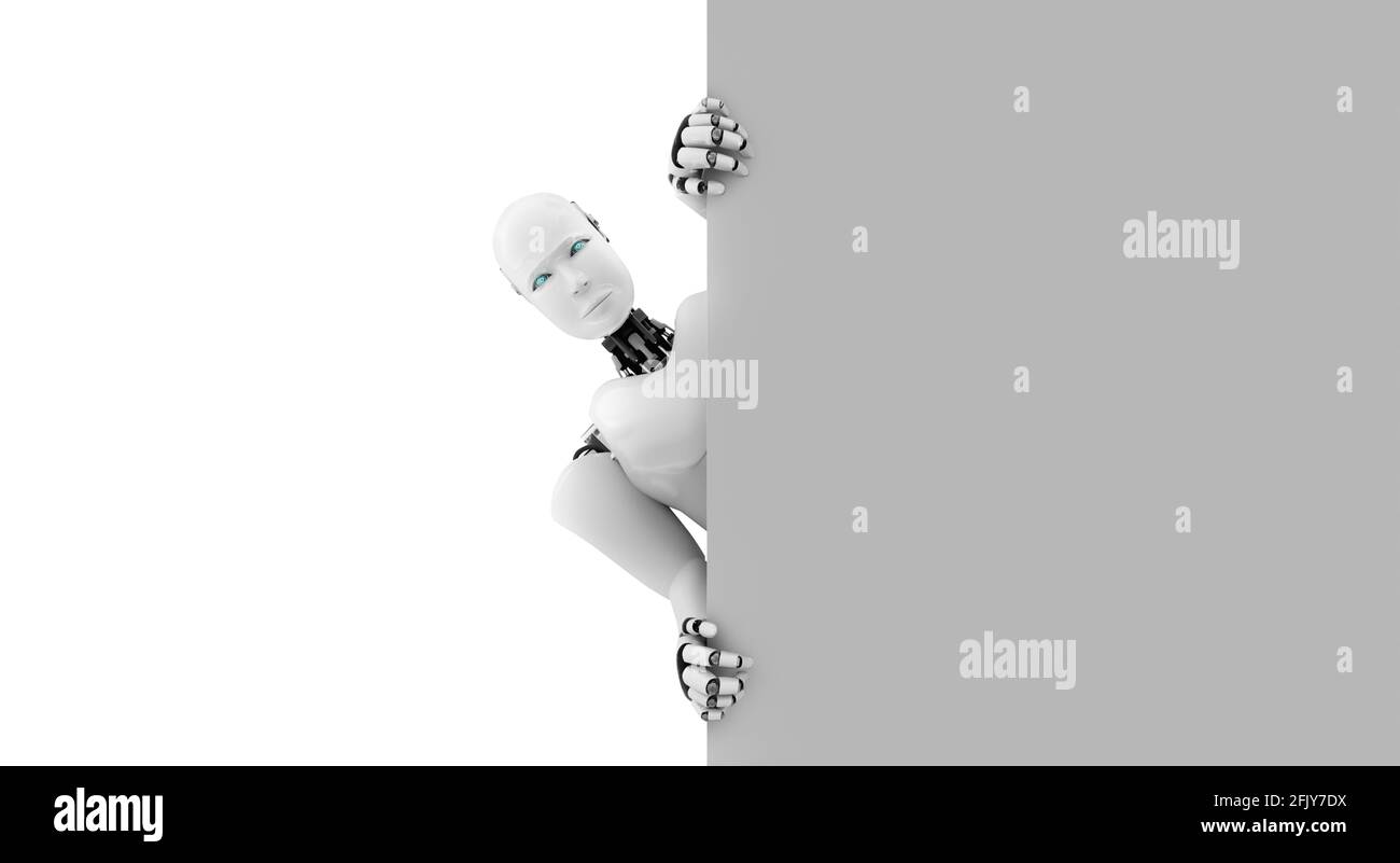 Il robot umanoide di rendering 3D si presenta dalla parete . Illustrazione dell'intelligenza artificiale dell'intelligenza artificiale . Foto Stock