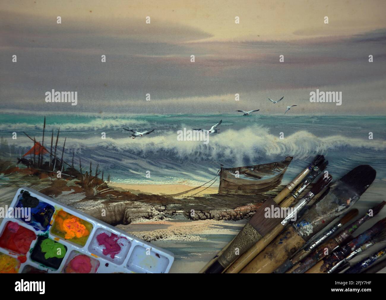 Pittura ad acquerello d'arte originale phuket thailand Beach Foto Stock