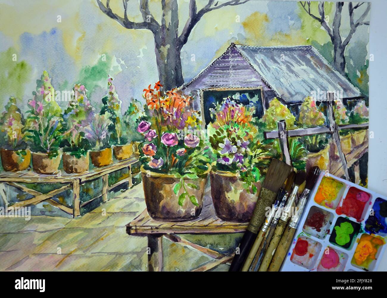 sfondi a colori astratti per design art pittura ad acquerello fiore Foto Stock