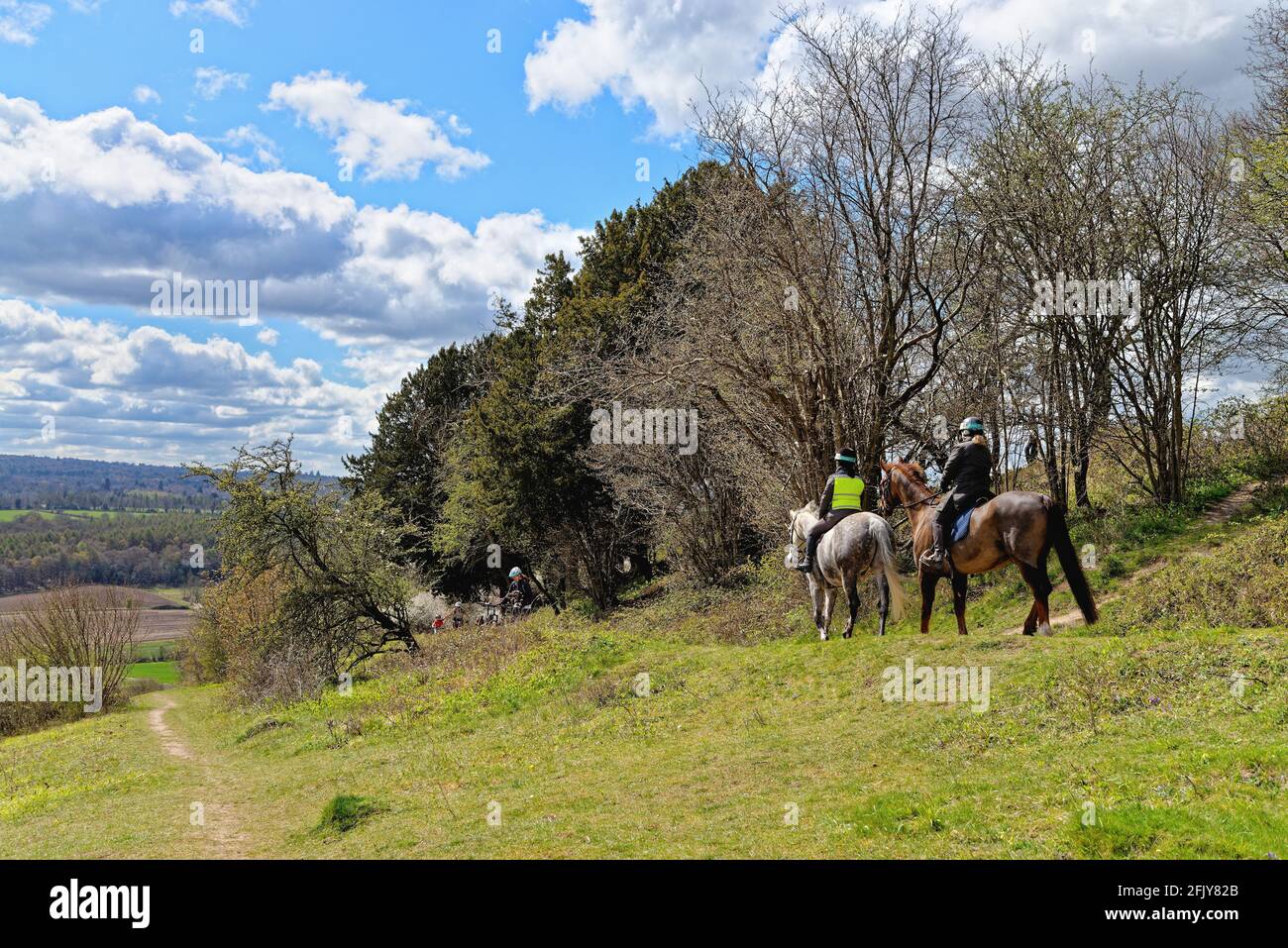Due cavalieri femminili su una strada a cavallo su White Downs Nelle colline di Surrey vicino Dorking Surrey Inghilterra UK Foto Stock
