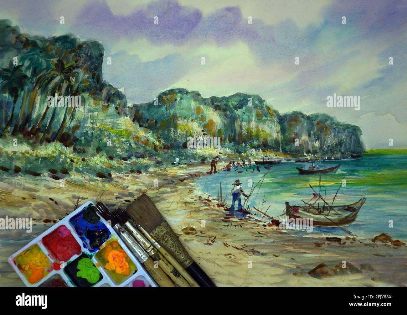 Pittura ad acquerello d'arte originale phuket thailand Beach Foto Stock