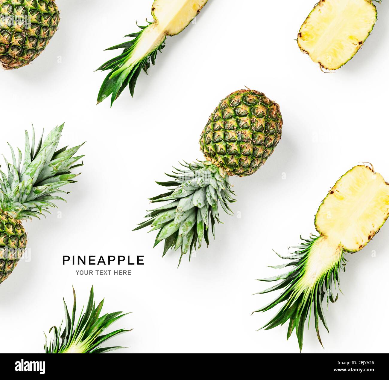 Frutta fresca di ananas con foglie layout creativo isolato su sfondo  bianco. Concetto di cibo sano e di dieta. Frutta tropicale composizione a  Foto stock - Alamy