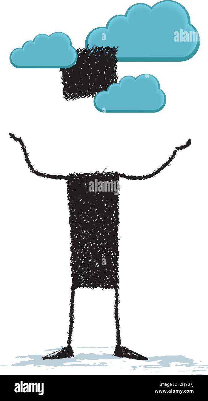 Una figura di bastone con la testa tra le nuvole. Una persona che daydreams. Illustrazione Vettoriale