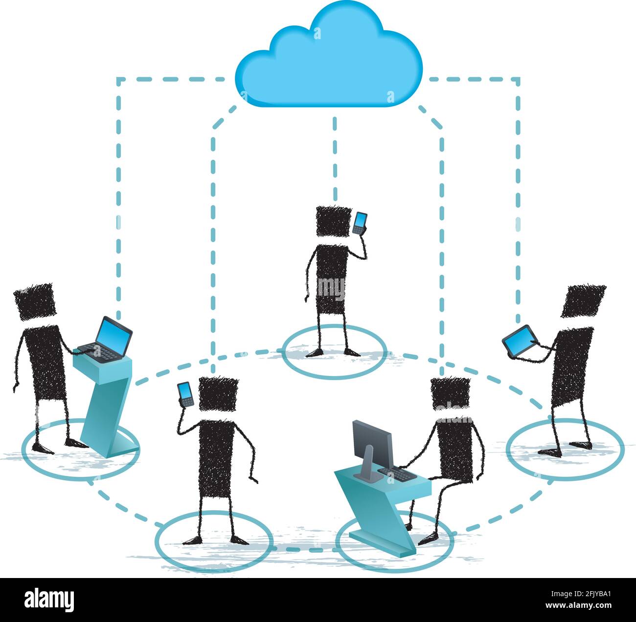 Illustrazione di un gruppo di figure stick collegate al cloud Internet con diversi dispositivi mobili (telefono cellulare, laptop, tablet, PC). Illustrazione Vettoriale