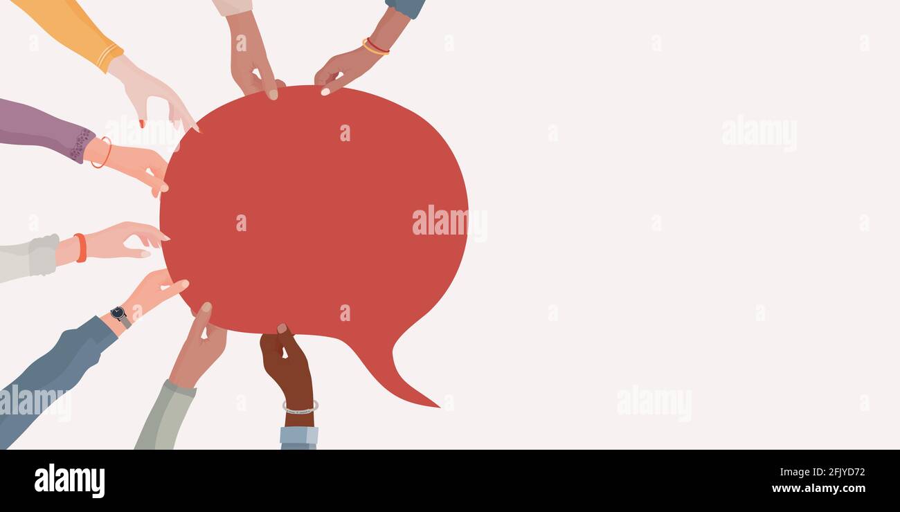 Accordo o affare tra un gruppo di colleghi o collaboratori.Arms E mani che tengono il discorso bubble.Diversity persone che si scambiano informazioni Illustrazione Vettoriale