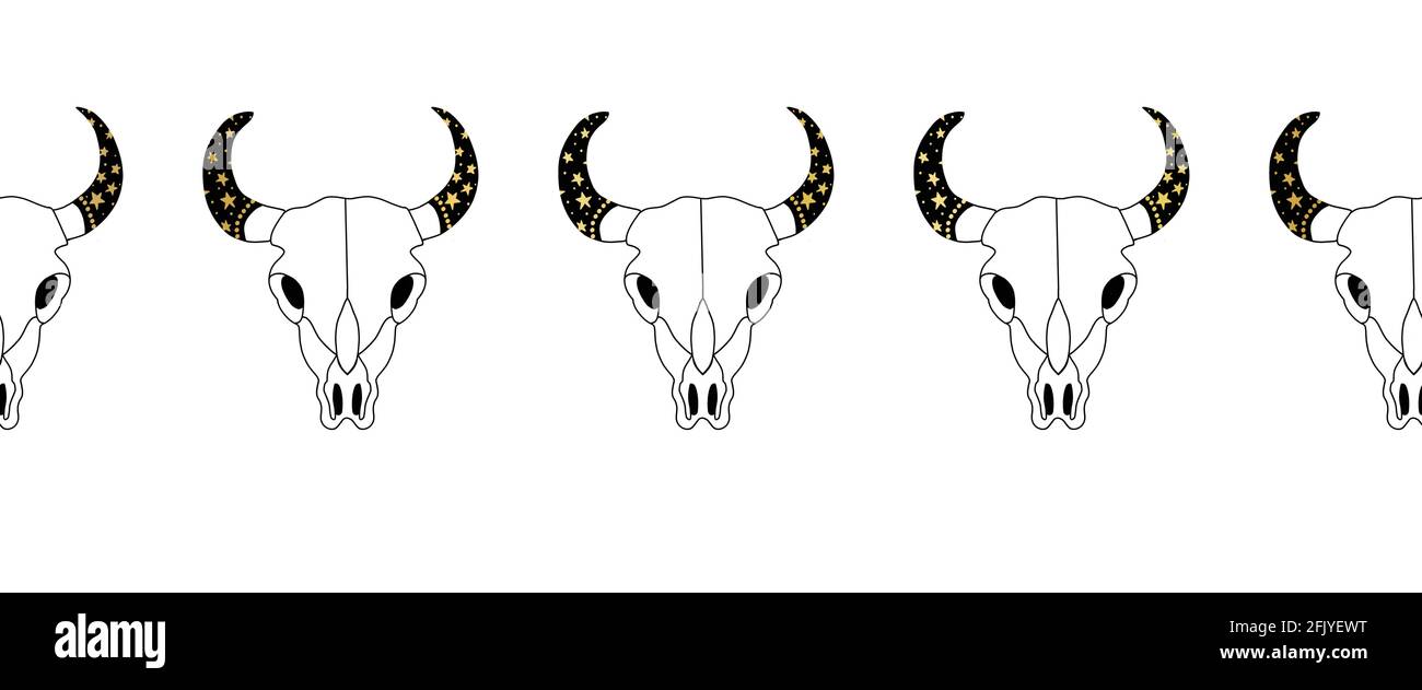 Modello vettoriale senza giunture del cranio toro. Cranio di vacca ripetizione della linea di disegno orizzontale art Shull con la trama a stella della lamina d'oro. Uso per decorazione di stile Boho, schede Illustrazione Vettoriale