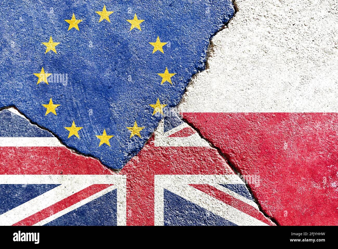 Bandiere di Regno Unito, UE e Polonia dipinte sulla parete di grunge incrinata Foto Stock