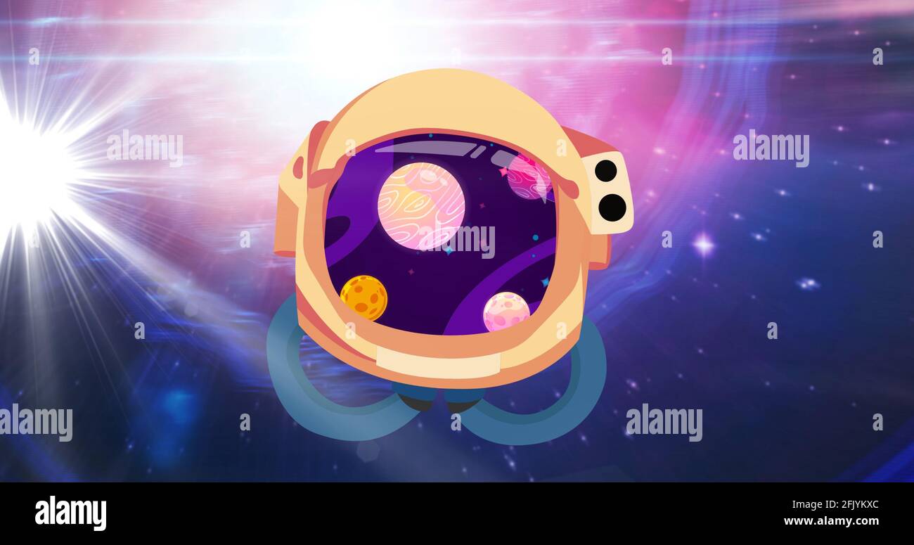 Composizione del casco dell'astronauta con pianeti su stelle rosa su sfondo viola Foto Stock
