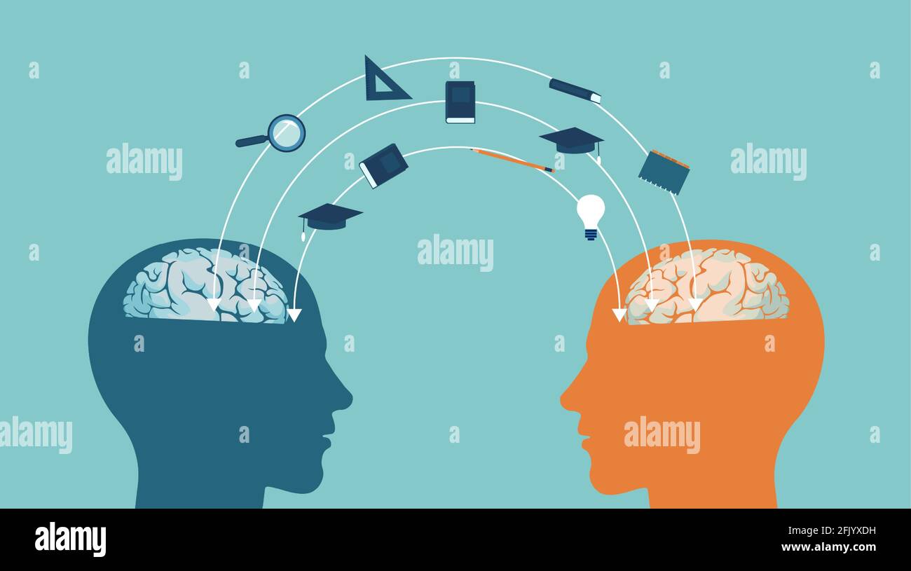 Silhouette vettoriale di due teste di profilo che scambiano conoscenza Illustrazione Vettoriale