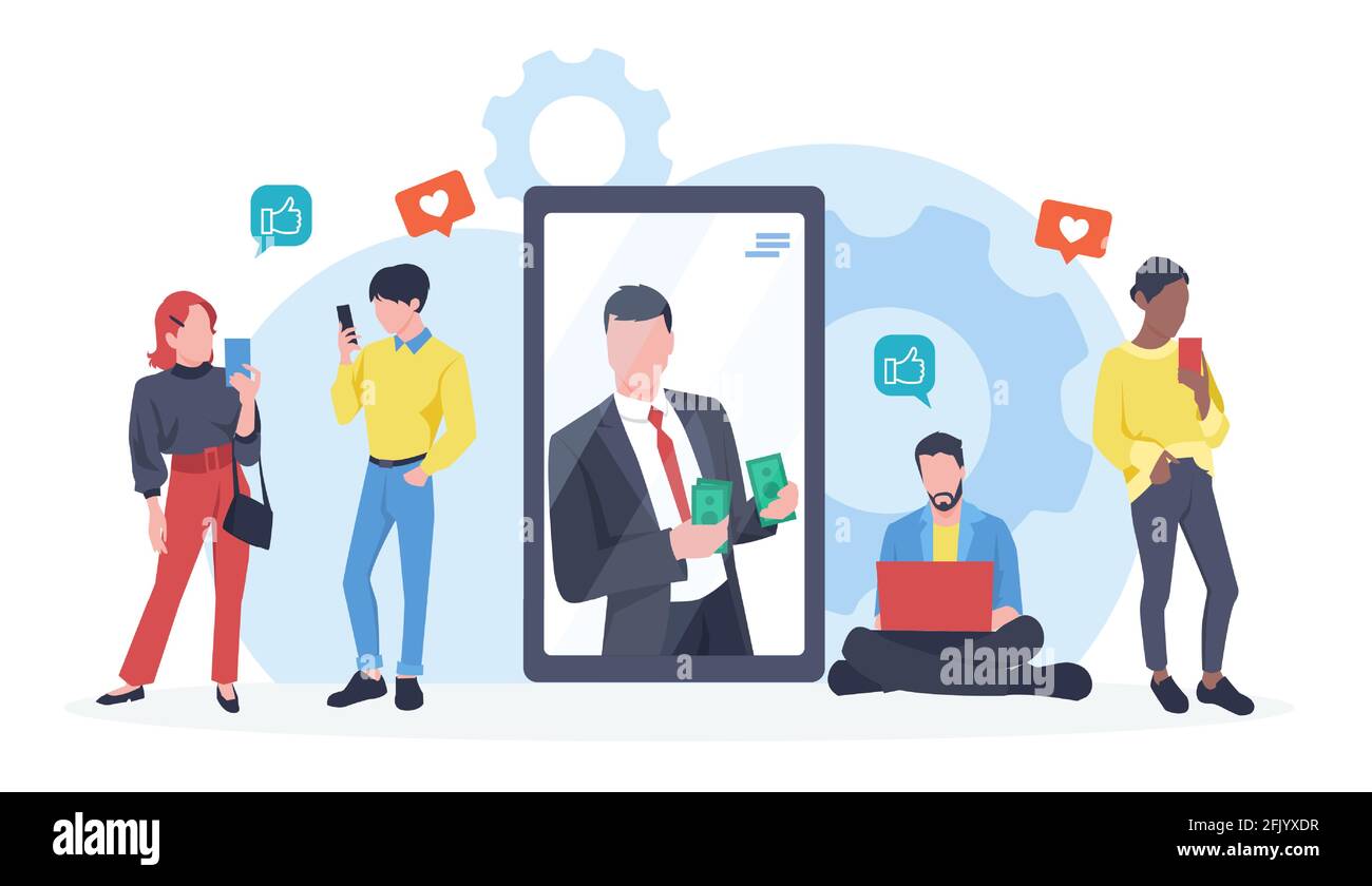 Marketing sui social media e guadagni derivanti dal concetto di pubblicità dei contenuti a pagamento Illustrazione Vettoriale