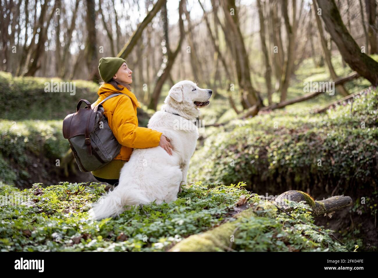 Giovane donna in abiti da trekking e zaino seduta vicino grande cane bianco in verde primavera foresta. Gode ed esplora la natura tranquilla. Guarda da parte. Foto Stock
