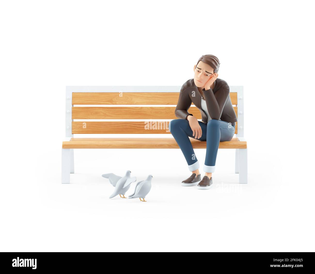 uomo cartoon in 3d annoiato seduto su banco pubblico, illustrazione isolata su sfondo bianco Foto Stock