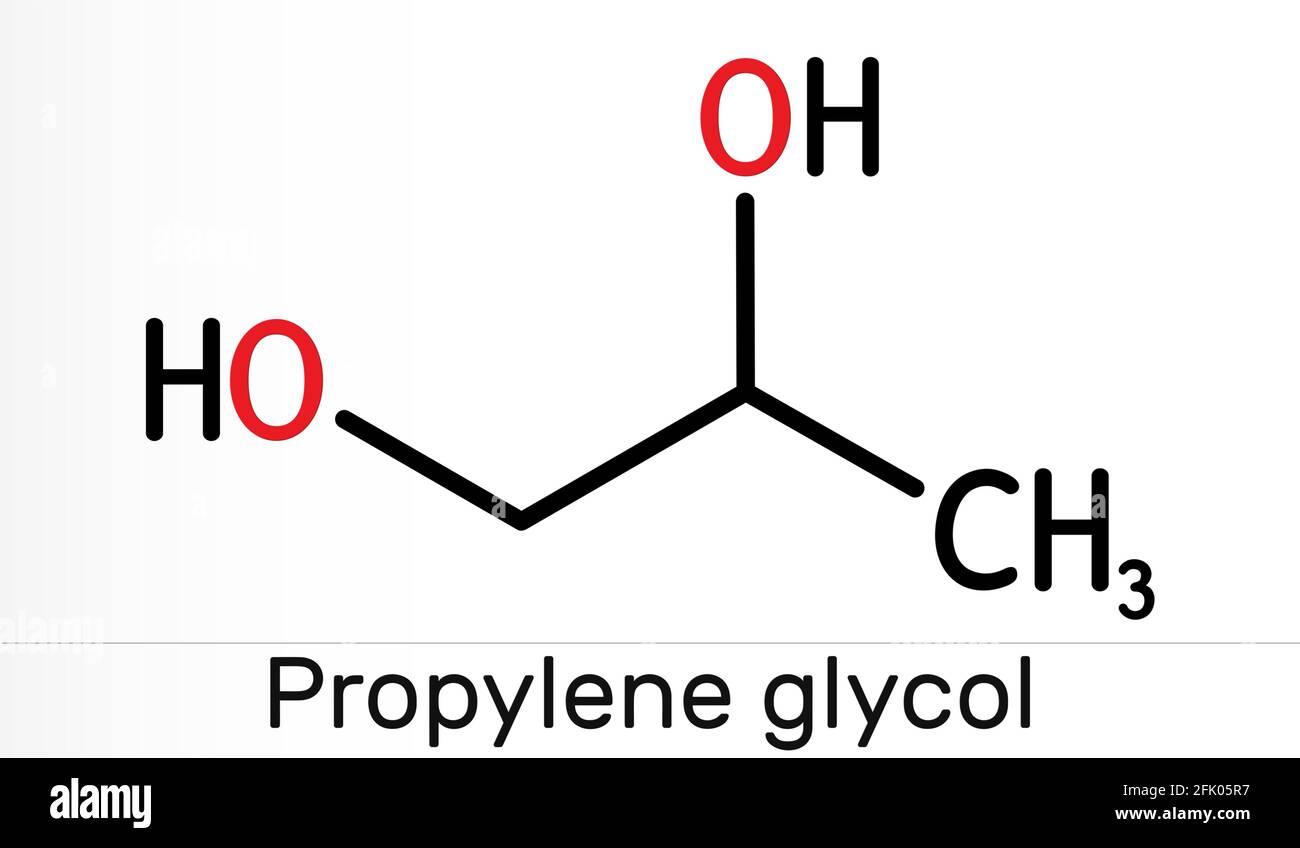 Glicole propilenico (1,2-propandiolo, propano-1,2-diolo). È propandiolo,  umettante, antigelo, additivo alimentare, E1520. Forma chimica scheletrica  Foto stock - Alamy