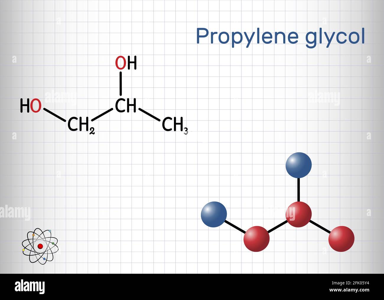 Glicole propilenico (1,2-propandiolo, propano-1,2-diolo). È propandiolo, umettante, antigelo, additivo alimentare, E1520. Foglio di carta in una Illustrazione Vettoriale