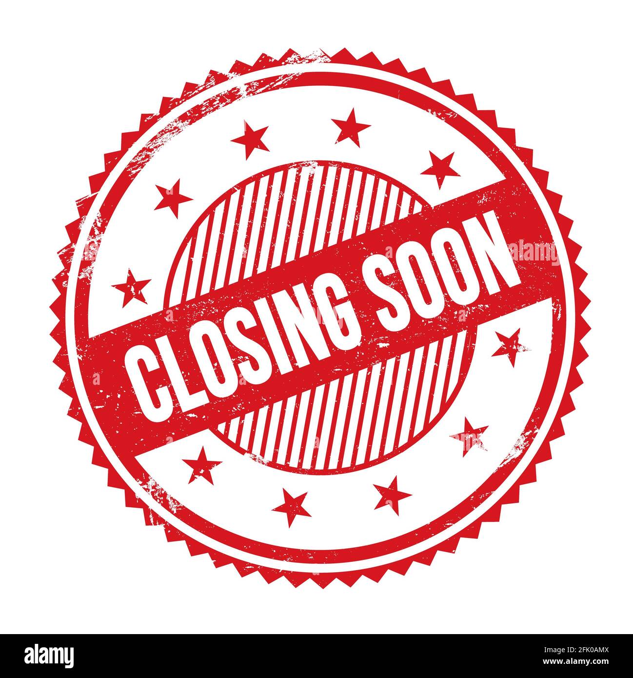 CHIUSURA PRESTO testo scritto su rosso grugnoso zig zag bordi tondini. Foto Stock