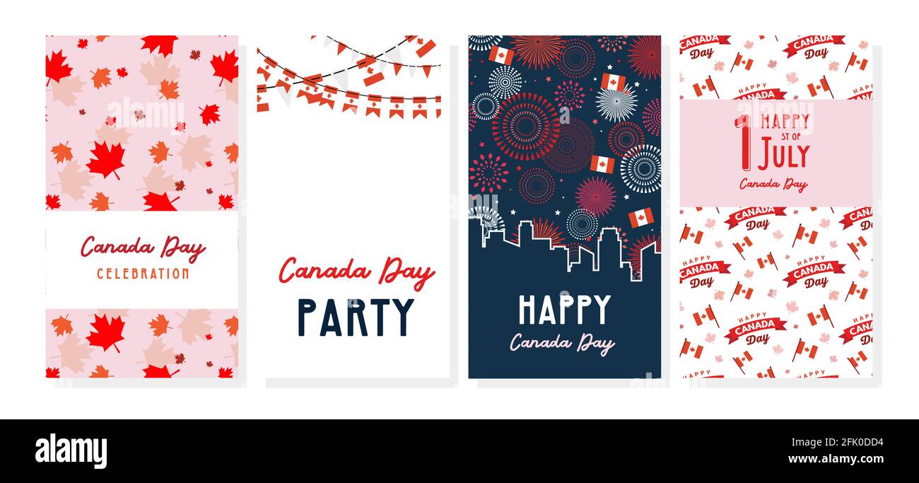 Poster Happy Canada Day e set di modelli Web. 1 luglio. Biglietti d'auguri con illustrazione vettoriale. Canada Maple foglie e bandiere, giorno dell'indipendenza Illustrazione Vettoriale