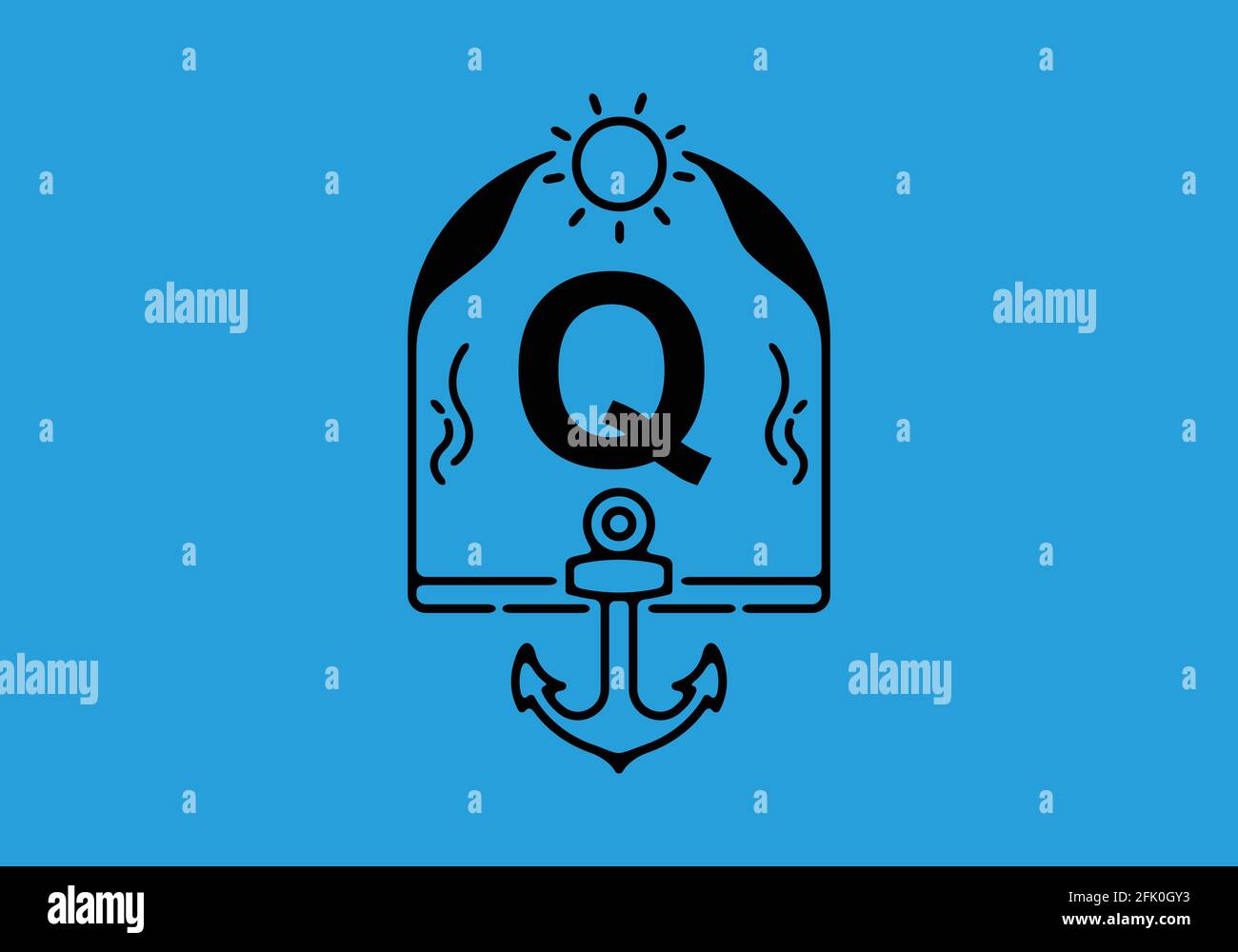 Illustrazione a linee nere della lettera iniziale Q nell'ancoraggio design del telaio Illustrazione Vettoriale