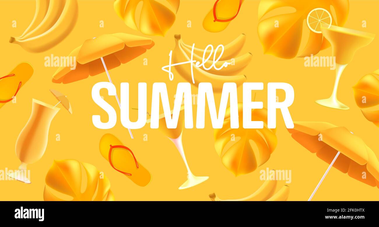Poster giallo monocolore Hellow estate con oggetto giallo come cocktail, ombrello e foglie di palma con flop flop. grafica 3d Illustrazione Vettoriale