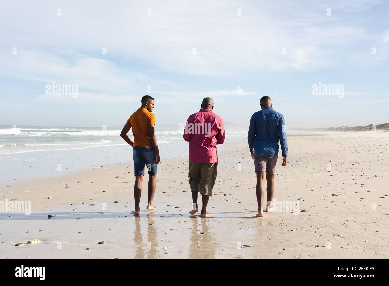 Vista posteriore del padre afroamericano e dei suoi due figli camminando insieme in spiaggia Foto Stock