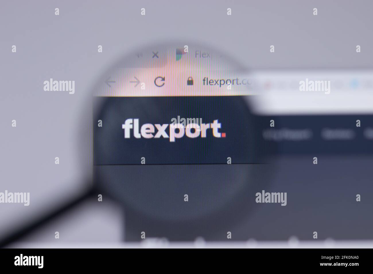 New York, USA - 26 Aprile 2021: Primo piano del logo Flexport sulla pagina del sito, Editoriale illustrativo Foto Stock