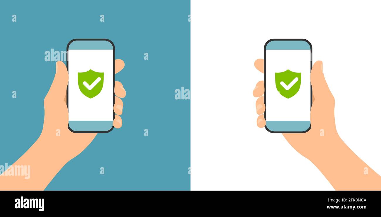 Disegno piatto illustrazione del telefono di presa della mano maschio fissato e. protetto da applicazione antivirus - vettore Illustrazione Vettoriale