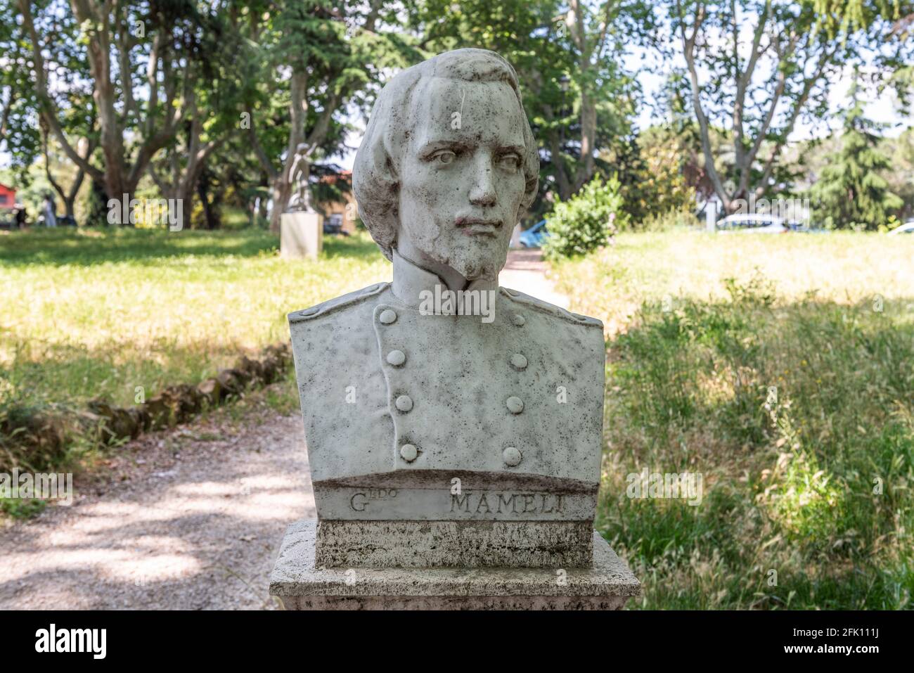 Monumento dedicato a Gotifredo Mameli dei Mannelli, meglio conosciuto come Goffredo Mameli, fu poeta, patriota e scrittore italiano, collina di Gianicolo, Trastever Foto Stock