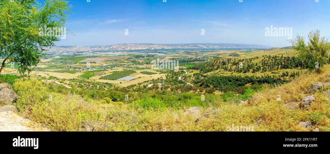 Vista panoramica sul paesaggio della valle del fiume Lower Jordan. Israele settentrionale Foto Stock