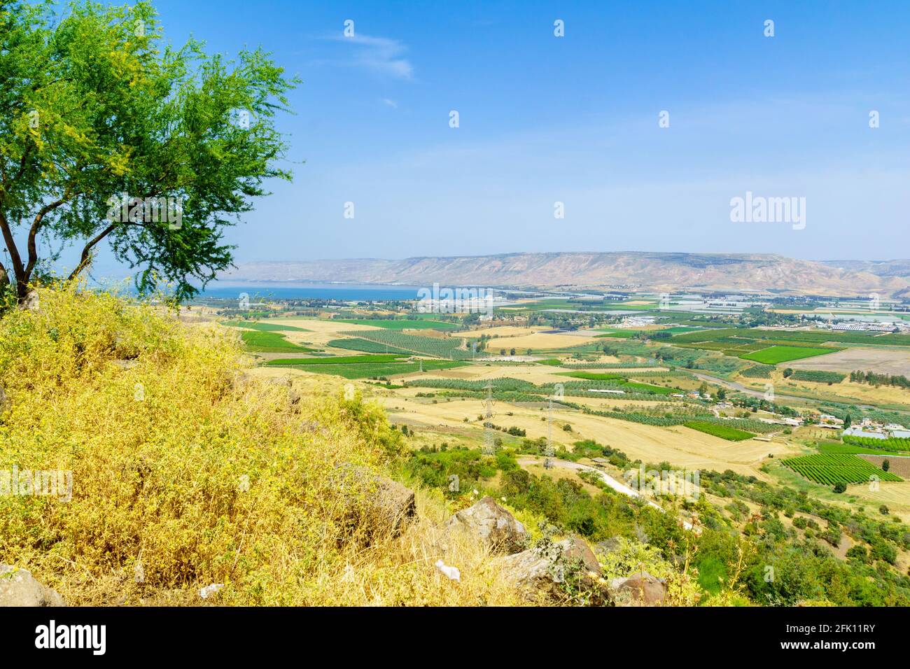Vista sul mare di Galilea e sulla valle del fiume Giordano inferiore. Israele settentrionale Foto Stock