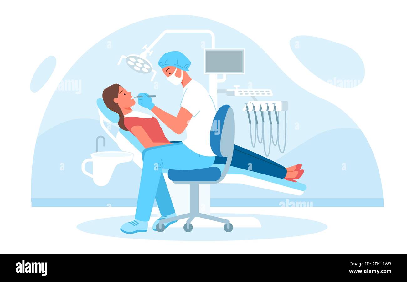 Controllo medico di odontoiatria in ospedale, dentista medico in maschera che esamina i denti del paziente Illustrazione Vettoriale