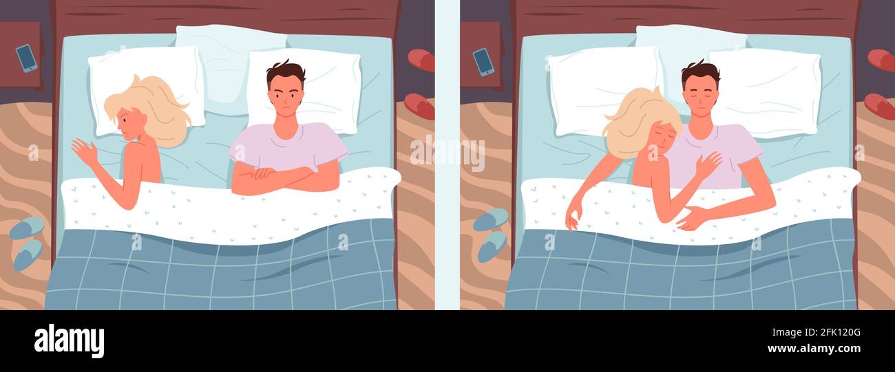 Le coppie dormono in posti letto, i giovani e le donne dormono o si litigano in camera da letto Illustrazione Vettoriale