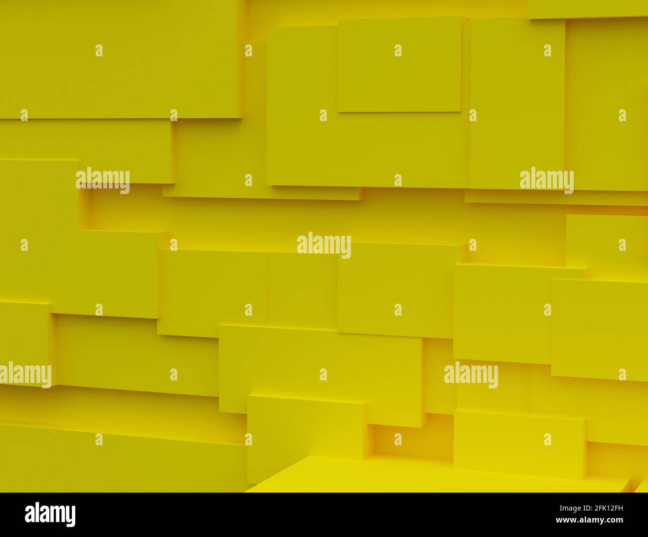 Una parete di blocchi gialli. Sfondo astratto. Concetto minimo. Rendering 3D. Foto Stock