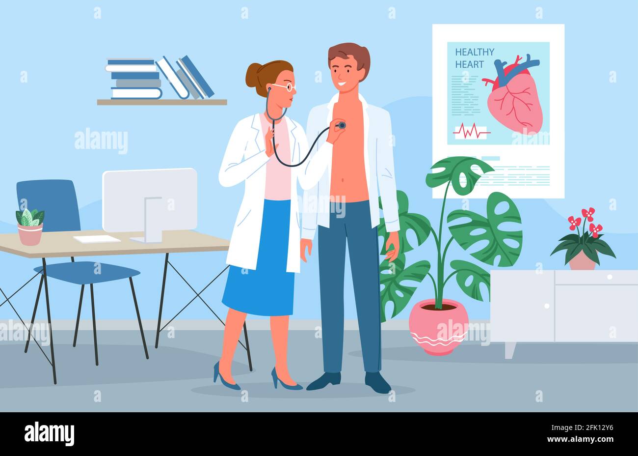 Appuntamento di medicina cardiologica, medico cardiologo donna con stetoscopio e paziente Illustrazione Vettoriale