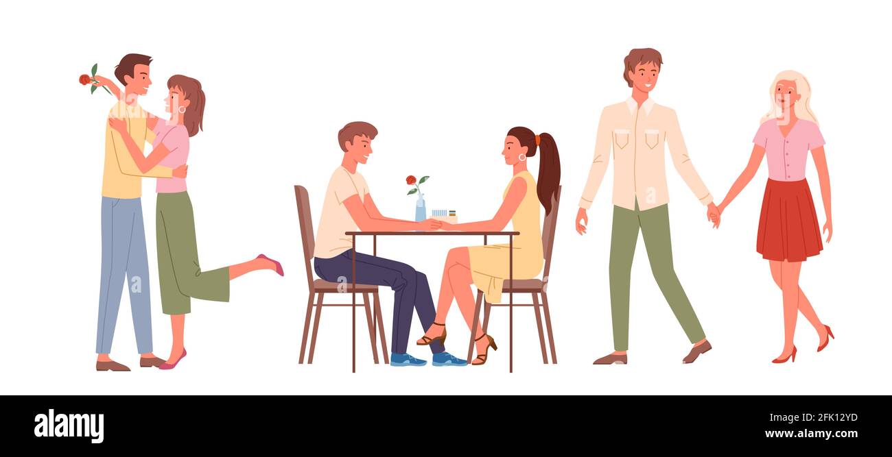 Cartoon felice coppie amorevoli di uomini donne personaggi seduti al tavolo in caffetteria insieme e tenendo le mani, romantiche datazioni e scene d'amore isolato set Illustrazione Vettoriale