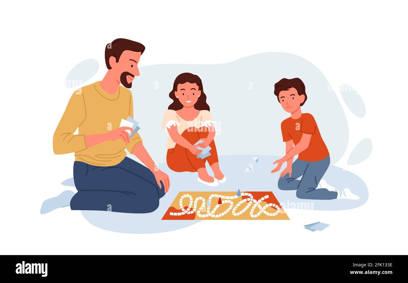 Gioco da tavolo per famiglie felice con carte a casa, bambini padre e bambina giocare Illustrazione Vettoriale